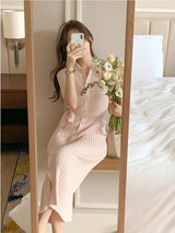 Elegant Summer Sweet Sle Turn-down Collar Single-button Thin Ice Silk Short-sleeve Knitted Long Dress Women's Fashion - Lootquake