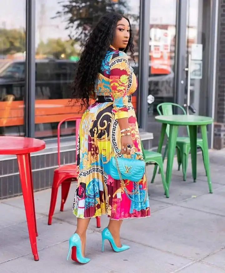 2024 Spring Summer New Cross-border Wishdress Women's Clothing Artistic Printing Plenty Folds Seven-half Sleeves Long Dress - Lootquake