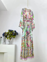 2024 Spring New V Neck Pink Leopard Print Heavy Beaded Women 100% Silk maxi long Dress - Lootquake