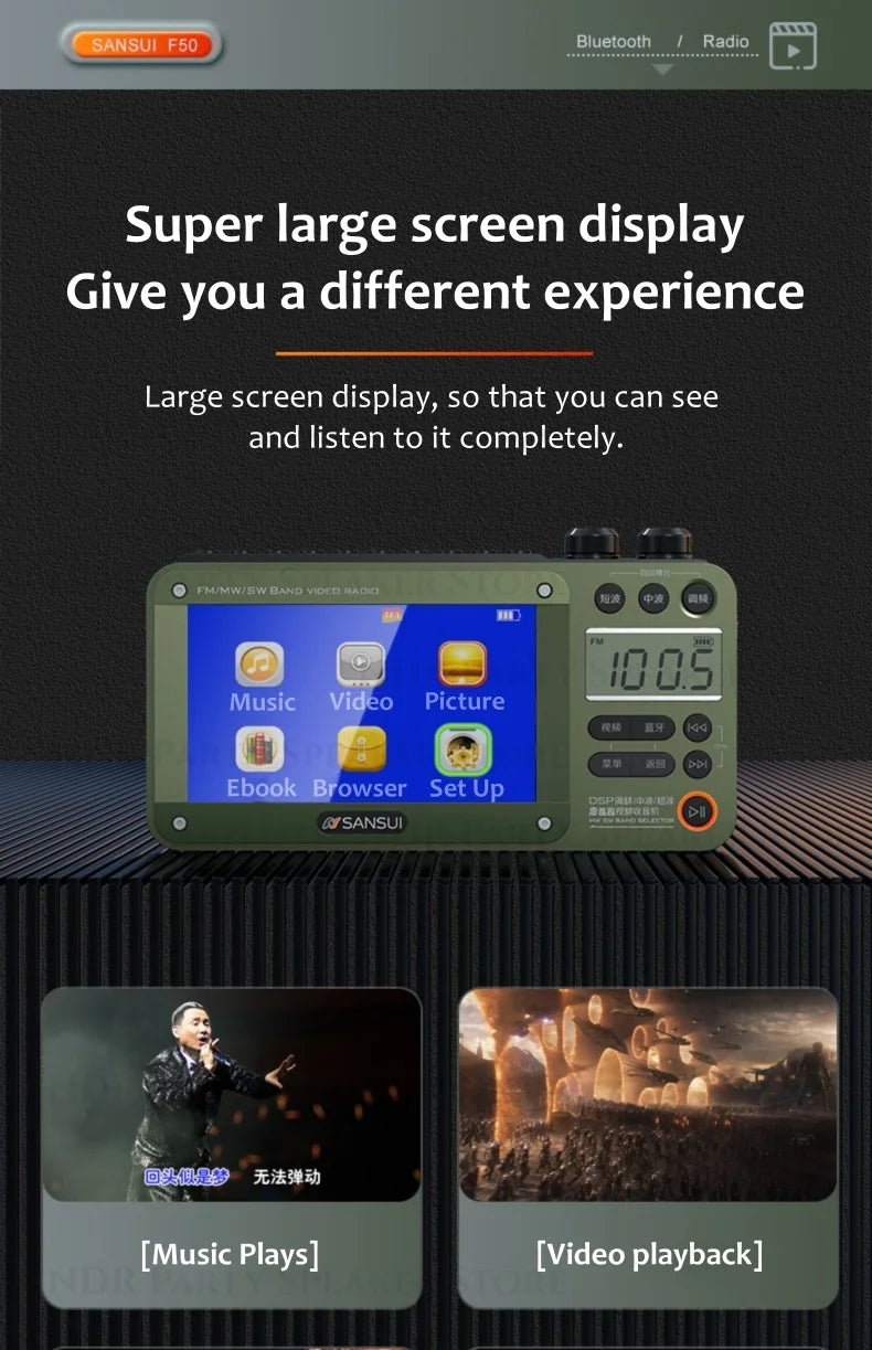 Enceintes Bluetooth sans fil SANSUI, radio pleine bande, lecteur vidéo LED HD, baladeur MP4 portable, batterie rechargeable intégrée