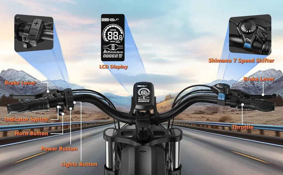 Bicicleta eléctrica K7 de 2000 W, 48 V, 40 Ah, motor dual máximo, batería dual, motocicleta eléctrica todoterreno de 20 pulgadas con neumáticos anchos, 7 velocidades