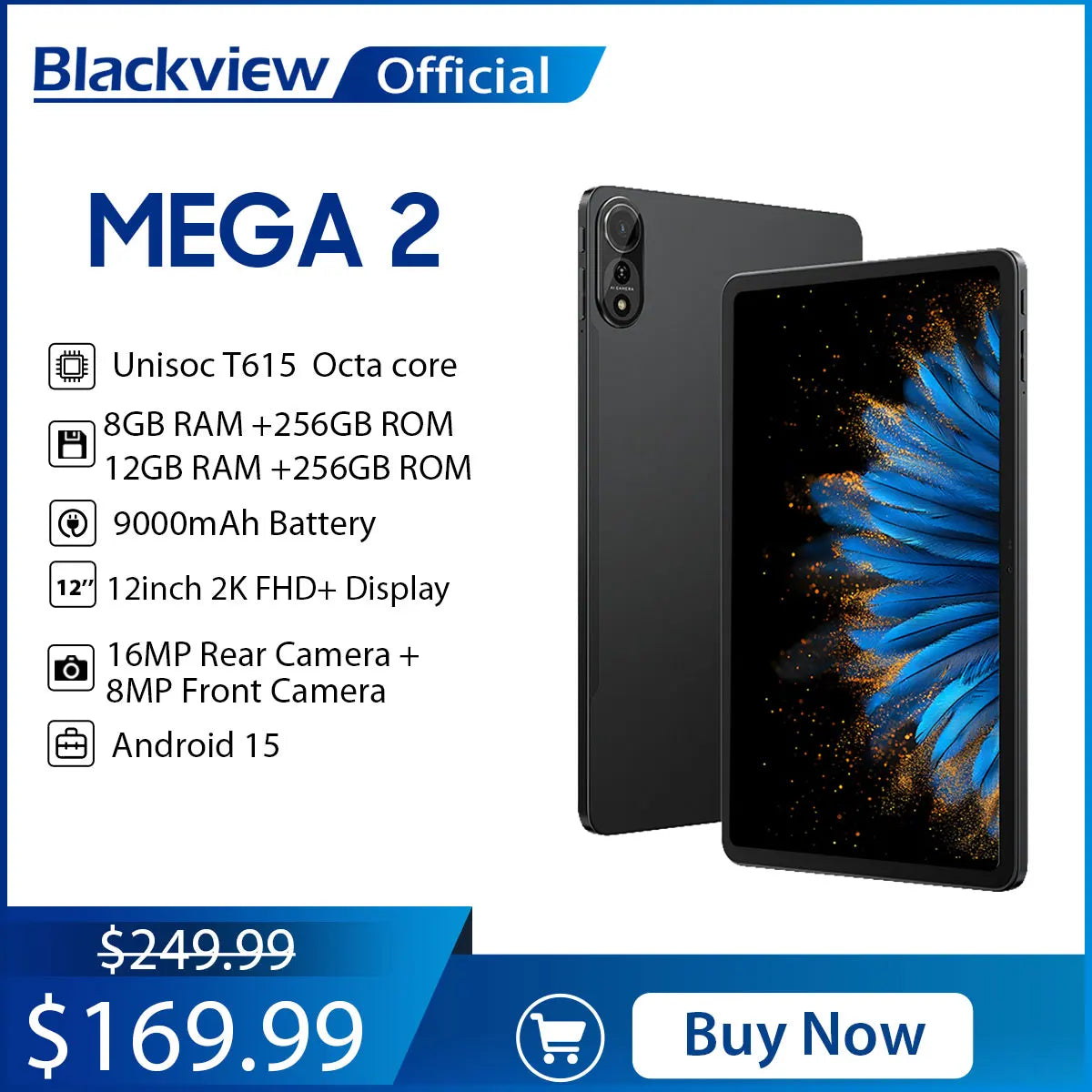 Tablette PC Blackview MEGA 2 12'' 2K FHD+ Unisoc T615 12 Go + 12 Go RAM 256 Go ROM Batterie 9000 mAh 16 MP Android 15 Tablettes 4G