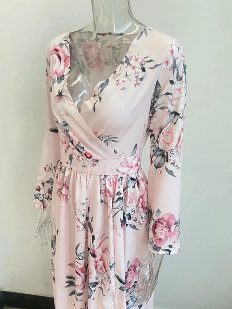 Amazon eBay Cross border 2024 Summer Chiffon Printed Long Dress V-neck Dress Long Sleeve Split Dress Women - Lootquake