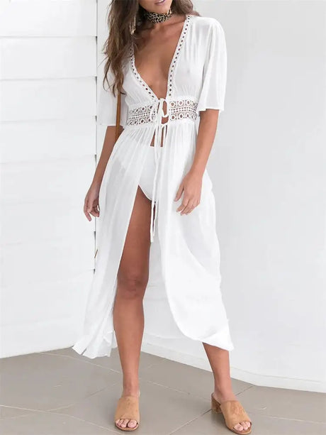 2024 Summer Bikini Cover-ups Women Bohemian Beach Long Dress Short Sleeve Lace Hollow Out Cardigan Swimwear Cover Ups Beachwear - Lootquake