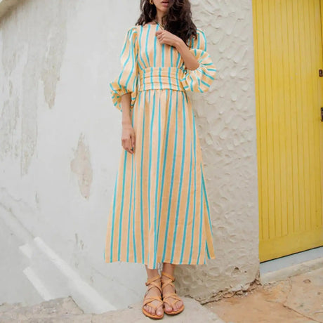 Hirigin Womens Summer Puff Sleeve Long Dress Boho Backless Tie Waist Maxi Dress Bohemian Midi Dress Gauze High Waist Dresses - Lootquake