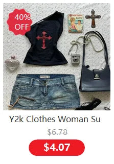 Vintage Women Top Y2k Aesthetic Punk Black Sleeveless T-shirt Korean Party Sexy V-neck Slim Crop Top 2000s Female Clothing Goth - Lootquake
