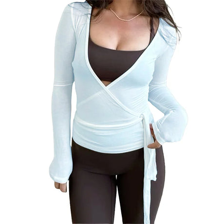 Ladies Yoga Workout Blouses Tees Women Cross Wrap Tie Crop Tops Fashion Long Sleeve Deep V Neck Solid Color Slim Fit T-Shirts - Lootquake
