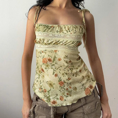 Y2K Floral Print Camis Party Holiday Contrast Lace Patchwork Lace-up Straps Tops Coquette Aesthetic Tanks Fairycore Grunge - Lootquake