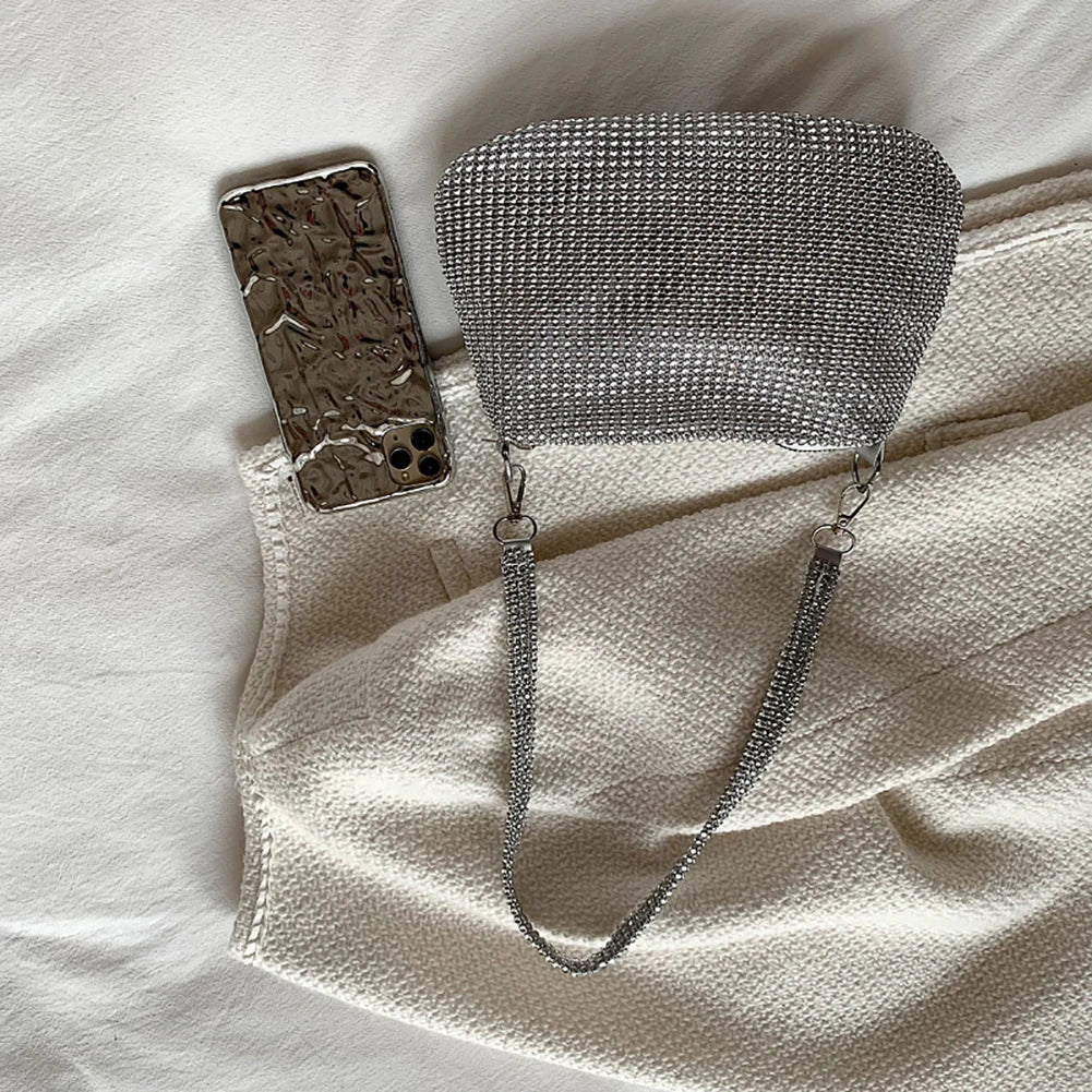 Bling Rhinestone Evening Clutch Bag | Women's Korean Designer Diamond Chain Dinner Party Handbag (Lady Square Tote Shoulder Bag)