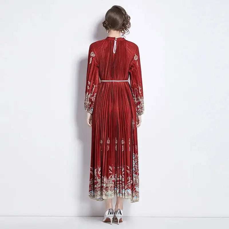 Spring Holiday Print Long Dress For Women Fashion Loose Lantern Sleeve Party Robe Female Big Swing Tassels Belt Pleated Clothes