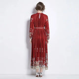 Spring Holiday Print Long Dress For Women Fashion Loose Lantern Sleeve Party Robe Female Big Swing Tassels Belt Pleated Clothes