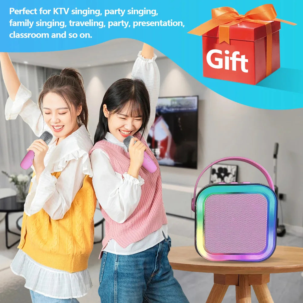 Máquina de karaoke Bluetooth 5.3 con micrófono inalámbrico y luces LED ajustables, mini altavoz para niños y adultos.