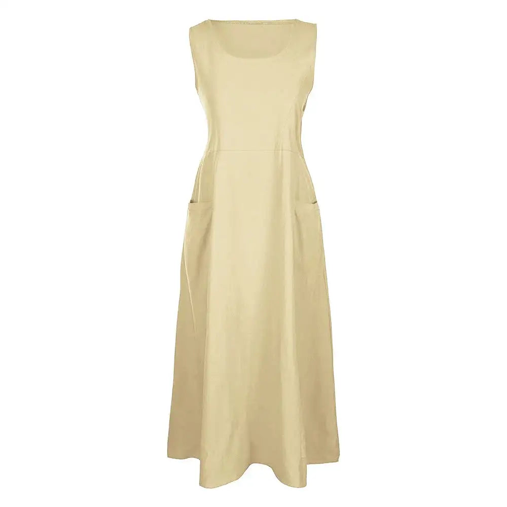 Cotton Linen Sleeveless Dress for Women Summer Pullover Skirt Vestidos Fashion Female Clothing Short Sleeved Loose Long Dress - Lootquake