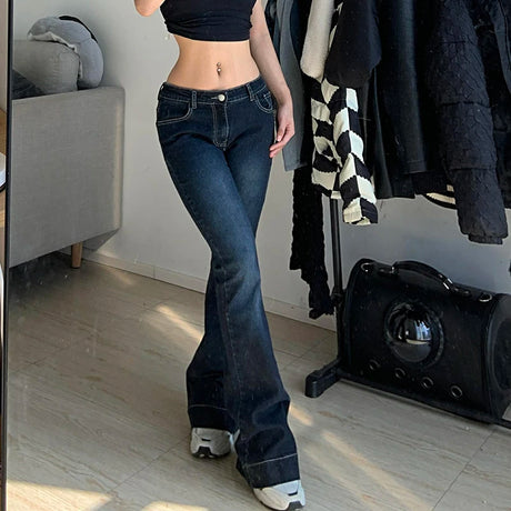 CIBBAR y2k Flare Jeans Casual Low Rise Cute Trousers Aesthetic Streetwear Vintage Cargo Pants Women Korean Distressed Mom Jeans - Lootquake
