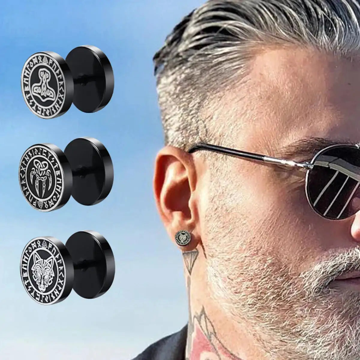 Gothic Norse Viking Runes Stud Earrings for Men Boys,Rock Punk Stainless Steel Valknut Wolf Head Compass Celtic Knot Earrings - Lootquake