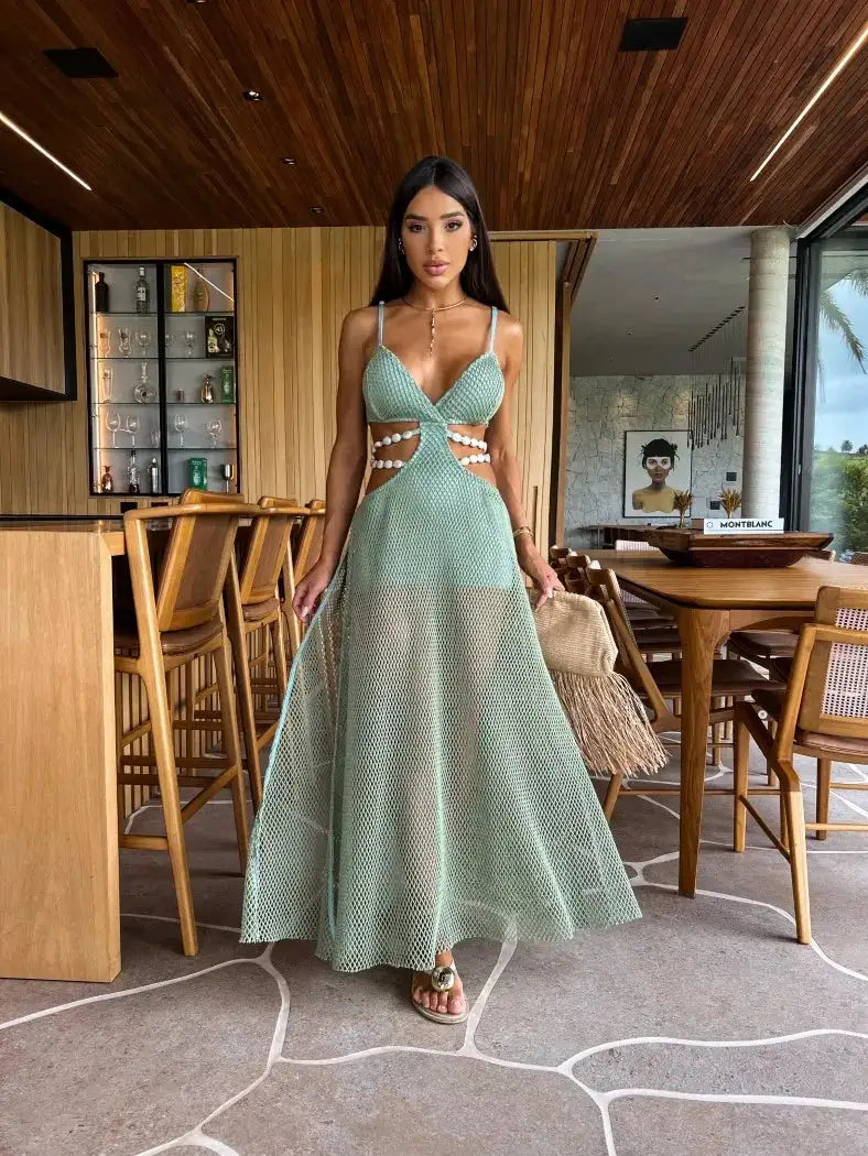 Mesh Long Dress Women Summer Cutout Party Dresses Cover Up Elegant Slim Split Maxi Vestidos Holiday Beach Robe - Lootquake