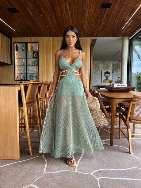 Mesh Long Dress Women Summer Cutout Party Dresses Cover Up Elegant Slim Split Maxi Vestidos Holiday Beach Robe - Lootquake