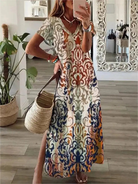 2024 Vintage Floral Elegant Maxi Dress For Women Summer Fashion V Neck Short Sleeve Split Boho Long Dress Party Beach Dresses - Lootquake