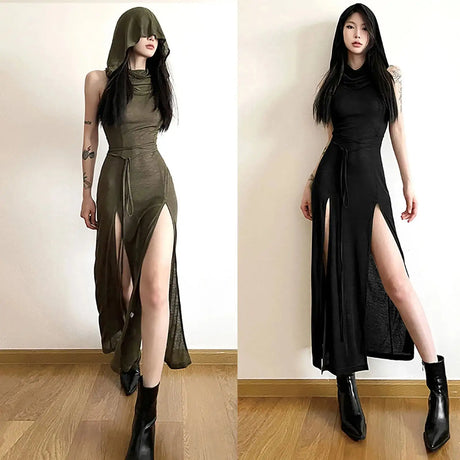 Trendy Hooded Sleeveless Long Dress Korean Style Ladies Lace Up Bodycon Sexy Split Dress Gothic Hip Hop Grunge Maxi Dress - Lootquake