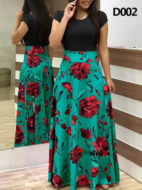 Women Floral Dot Print Patchwork Long Dress Summer Casual Short Sleeve O-Neck High Waist Robe Boho Beach Maxi Sundress Vintage - Lootquake