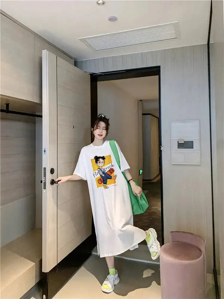 Harajuku Graphic White Long Dress Woman Clothing Y2k Casual Short Sleeve O-Neck Korean Fashion Summer Womens Loose Dresses 2024 - Lootquake