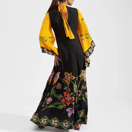 Ethnic Retro Spring Print Boho Long Dress Women Sexy Stand Collar Lace-up Party Dress Fall Long Sleeve Loose Ladies Maxi Dresses - Lootquake