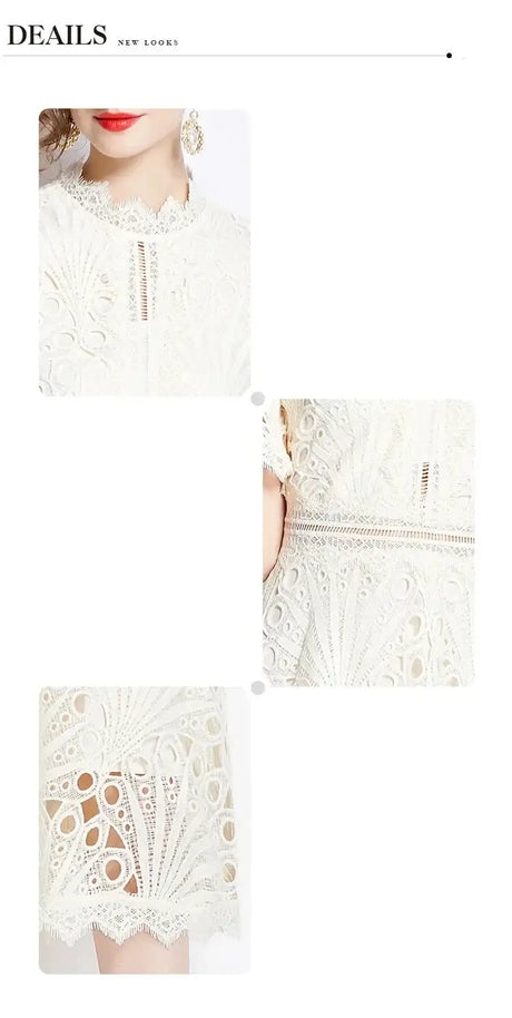 SMTHMA Vintage High-End O-Neck Short Sleeve Lace Hollow Out Dress For Women's Summer Slim Elegant Long Dress Female Clothing - Lootquake
