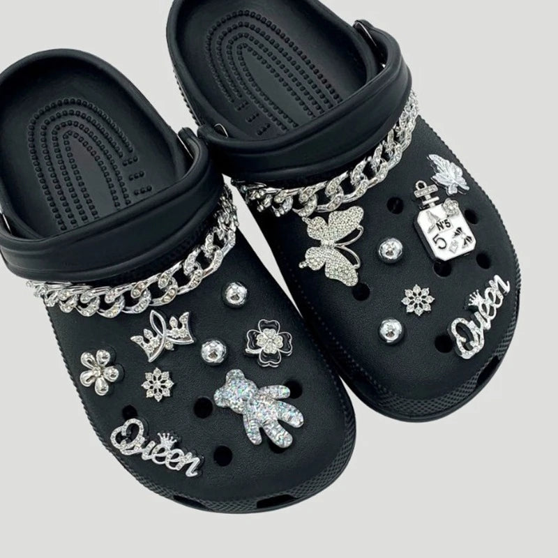 17PCS Fashion Shoe Charms Set Accessories Hole Shoe Buckle Silver Crystal Bear Chain DIY Shoes Decorations Woman Girls Gift