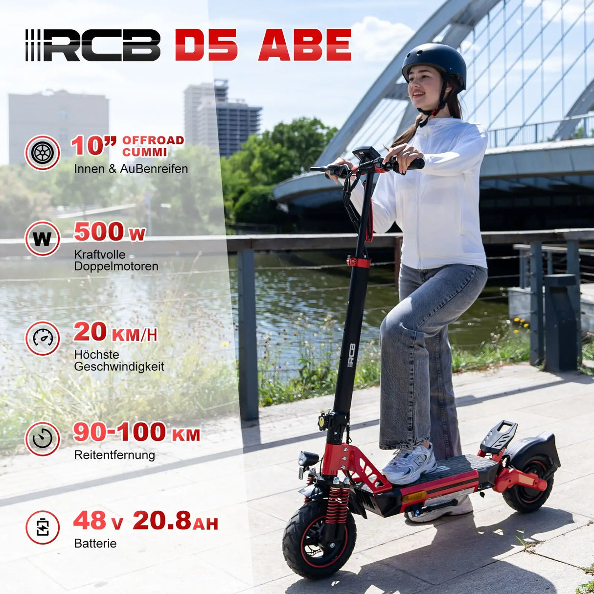 Trottinette électrique RCB D5, homologuée pour la route (ABE), moteur 500 W, pneus increvables 10 pouces, contrôle par application, double amortisseur