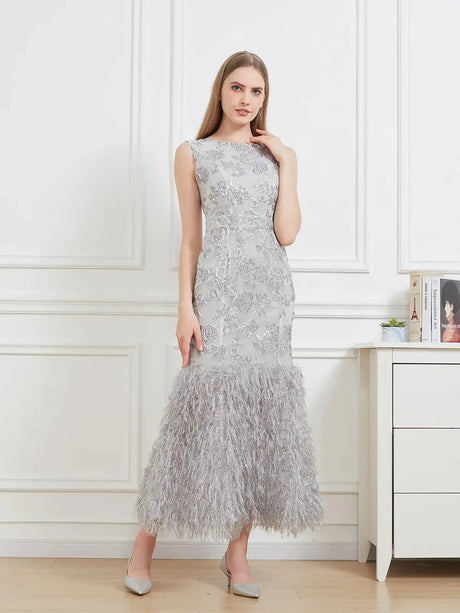 DEVCHATA New Organza Fishtail Long Dress Maxi Evening Sleeveless Bodycon Fitting Gown Feathers Women Robe Vestido - Lootquake