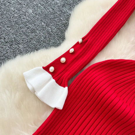 SINGREINY 2024 Hotsweet Slim Autumn Dress Women Peter pan Collar Long Sleeves Patchwork Preppy Style Mermaid Sweater Long Dress - Lootquake
