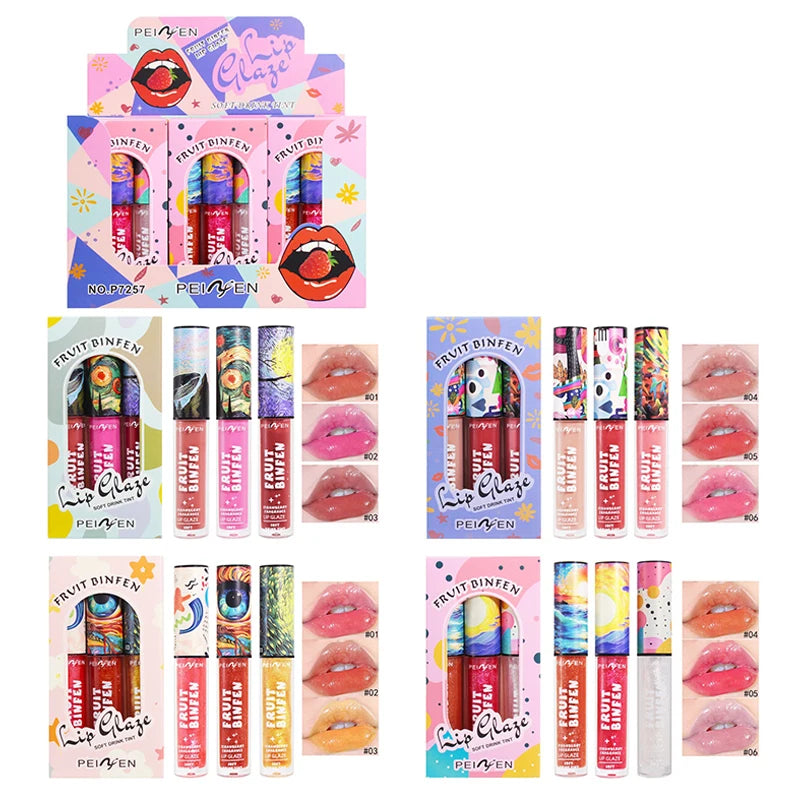 3pcs Oil Painting Lip Gloss Set,Mirror Water Glow Moisturizing Brighten Lipstick,Hydrating Nourishing Fruit Flavor Lip Care Balm