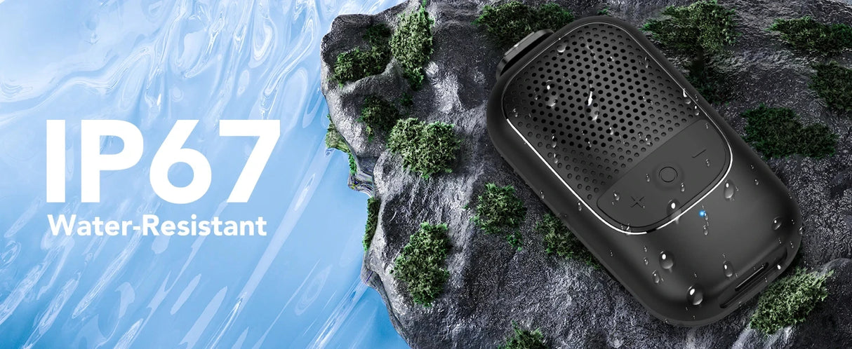 Altavoz Bluetooth inalámbrico portátil con clip y micrófono incorporado, ideal para deportes al aire libre.