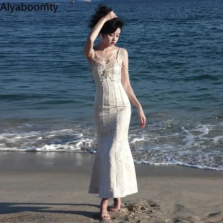 Summer Women Gorgeous Party Mermaid Prom Dress Spaghetti Strap Pearl Beading Ruffles Dress Feminine Backless Trumpet Long Dress - Lootquake