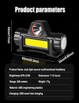 USB Rechargeable Portable Mini Powerful LED Headlamp XPE+COB Hunting Headlight Waterproof Head Torch with Tail Magnetic - Lootquake