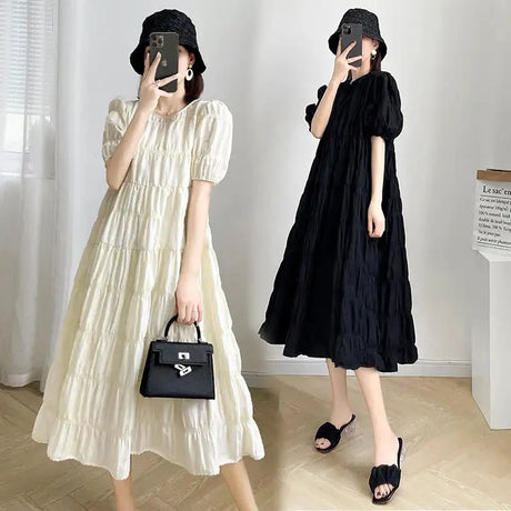 2025 Summer Maternity Pleated Dress Solid Color Loose Pregnant Woman Long Dress Short Sleeve Plus Size Pregnancy Ball Gown Dress - Lootquake