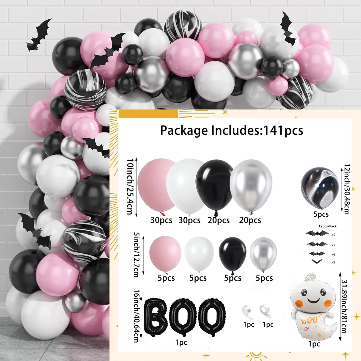 Halloween Party Theme Balloons Set Pink Black White Latex Balloon Boo Ghost Foil Ballon Chain Garland Bat Arch Kit Party Decor