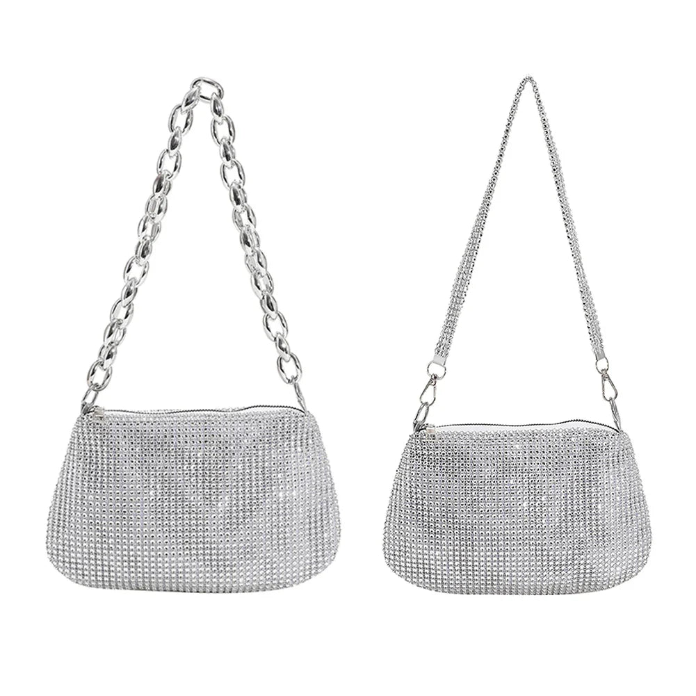 Bling Rhinestone Evening Clutch Bag | Women's Korean Designer Diamond Chain Dinner Party Handbag (Lady Square Tote Shoulder Bag)