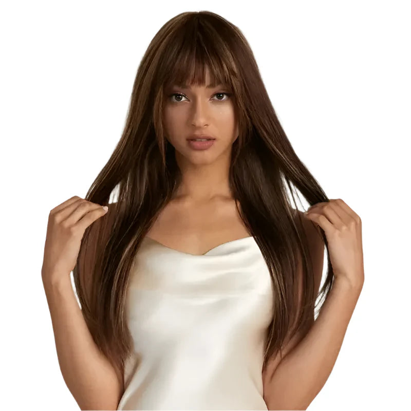 Blonde Highlight Straight Wig with Bangs | 180% Density Glueless Full Machine Made Brazilian Ombre Human Hair