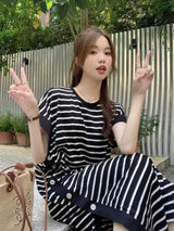 2024 New Casual Korean Striped O-neck Short Sleeve Long Dress Ladies Simplicity Patchwork Loose Tshirt Dress Women Clothing - Lootquake