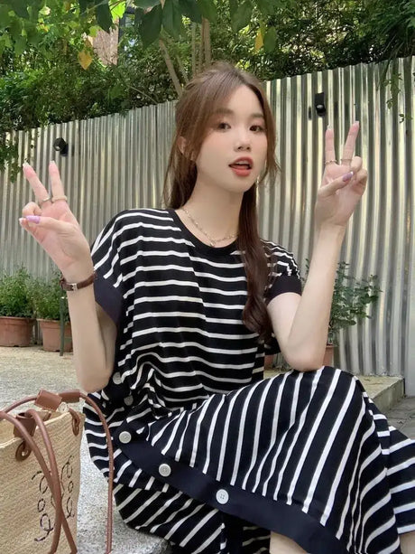 2024 New Casual Korean Striped O-neck Short Sleeve Long Dress Ladies Simplicity Patchwork Loose Tshirt Dress Women Clothing - Lootquake
