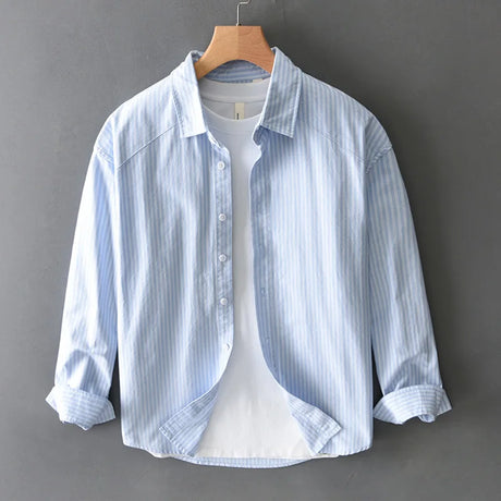 Korean Style Long Sleeve Striped Shirts for Man Spring Summer New Male Tops Lapel Pure Cotton Casual Shirts Elegant Mens Shirts - Lootquake