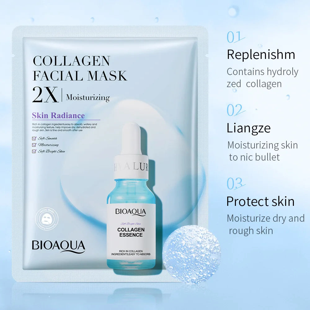 20 mascarillas faciales BIOAQUA Centella con colágeno, hidratantes y refrescantes, con ácido hialurónico, para el cuidado de la piel.