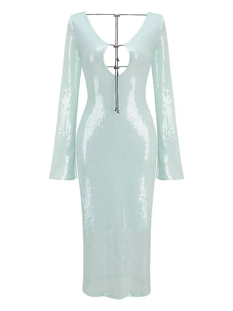 BEVENCCEL Sexy Luxury Sequins Deep V Long Sleeve Backless Sequins Long Dress Elegant  Bodycon Maxi Evening Party Clubwear Dress - Lootquake