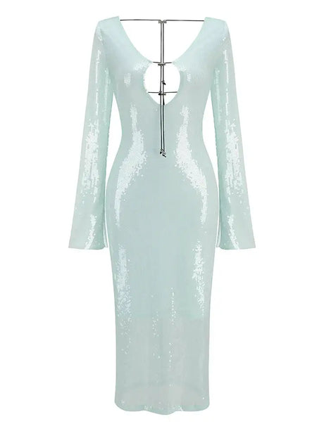 BEVENCCEL Sexy Luxury Sequins Deep V Long Sleeve Backless Sequins Long Dress Elegant  Bodycon Maxi Evening Party Clubwear Dress - Lootquake
