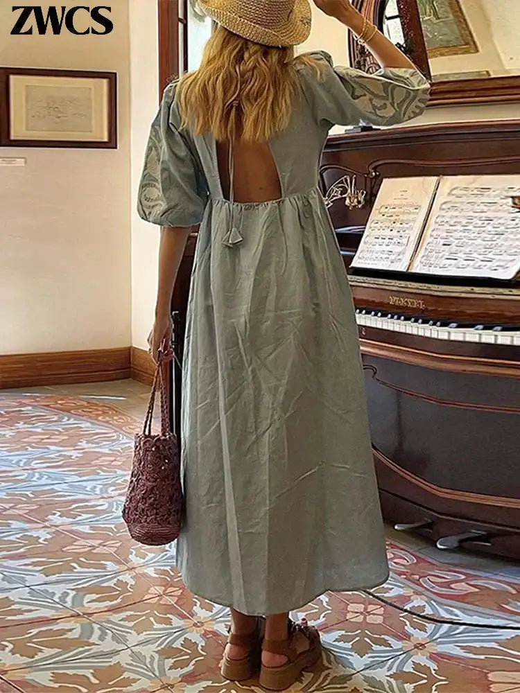 Elegant Print Half Puff Sleeve Dresses Women Loose V-neck Lace Up Backless Long Dress 2024 Summer New Ladies Chic Beach Robes - Lootquake