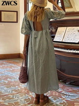 Elegant Print Half Puff Sleeve Dresses Women Loose V-neck Lace Up Backless Long Dress 2024 Summer New Ladies Chic Beach Robes - Lootquake