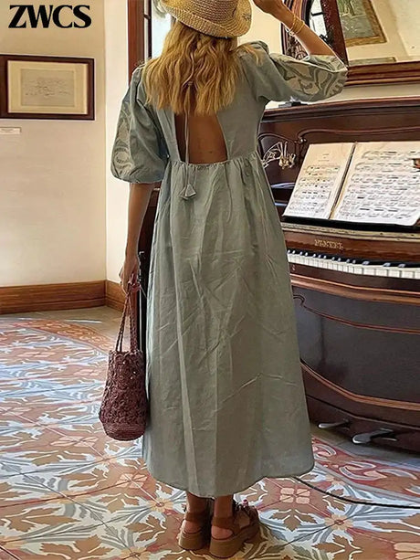 Elegant Print Half Puff Sleeve Dresses Women Loose V-neck Lace Up Backless Long Dress 2024 Summer New Ladies Chic Beach Robes - Lootquake