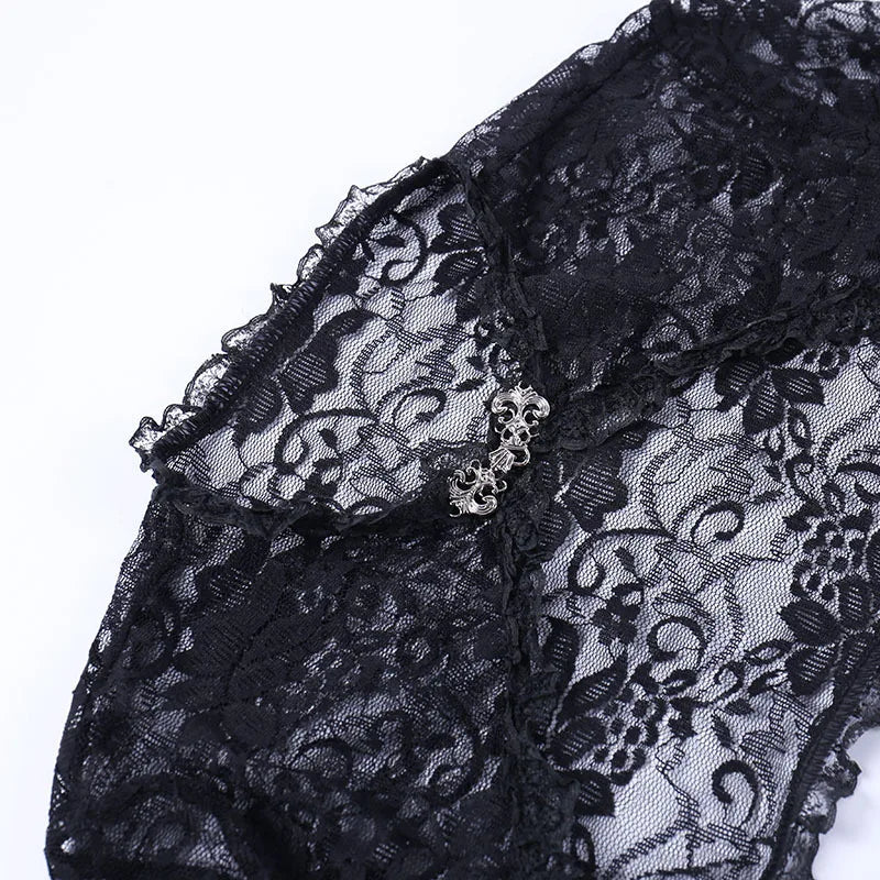 Lace Shrugs Sheer Crop Tops Long Bell Sleeves Cardigan Women Dark Gothic Wedding Punk Sexy Crochet Bolero Cover Up Shirt - Lootquake