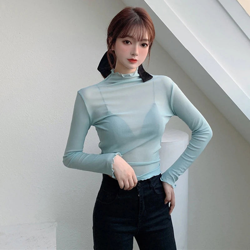 Camisa neón para mujer, de manga larga, con cuello alto, transparente, de malla amarilla dorada, sexy, para fiesta, club, ropa de calle, camisetas de hip hop